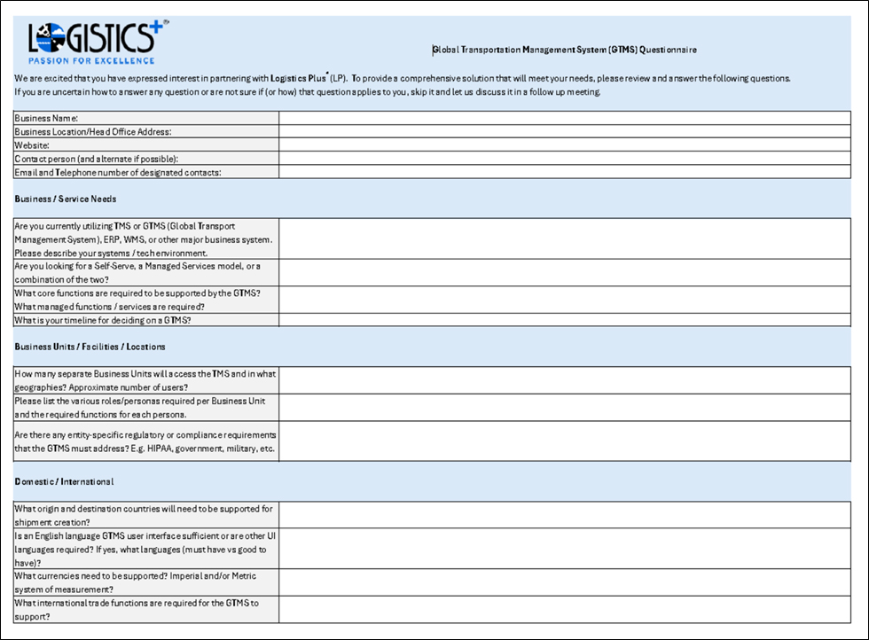 Logistics Plus GTMS Questionnaire